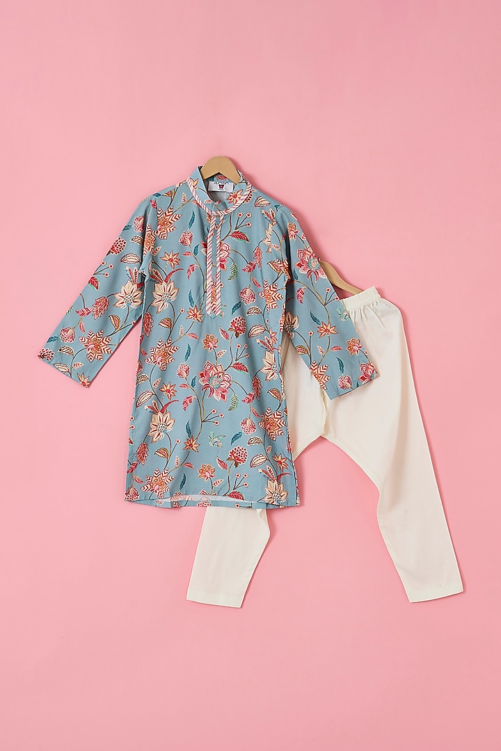 Powder Blue Cotton Rayon Floral Printed Kurta Set For Boys by The Plum Bum