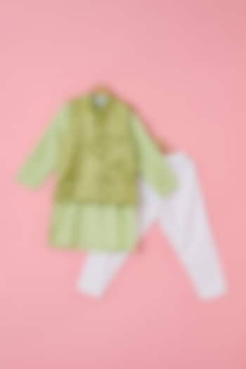 Green Brocade Nehru Jacket Set For Boys by The Plum Bum