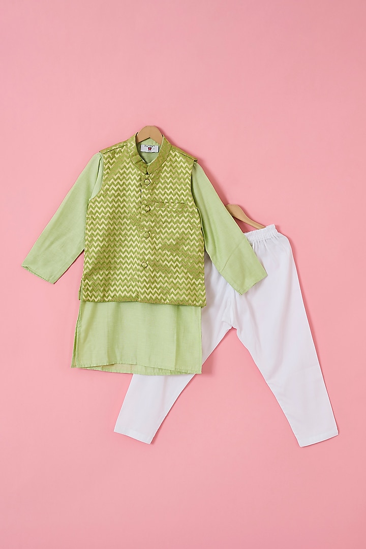 Green Brocade Nehru Jacket Set For Boys by The Plum Bum