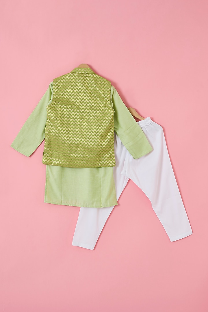 Green Brocade Nehru Jacket Set For Boys by The Plum Bum at Pernia's Pop Up Shop