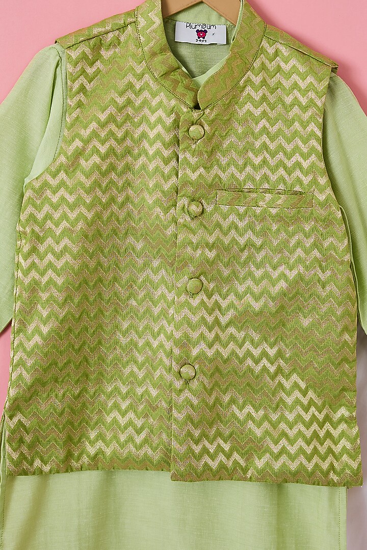Green Brocade Nehru Jacket Set For Boys by The Plum Bum at Pernia's Pop Up Shop