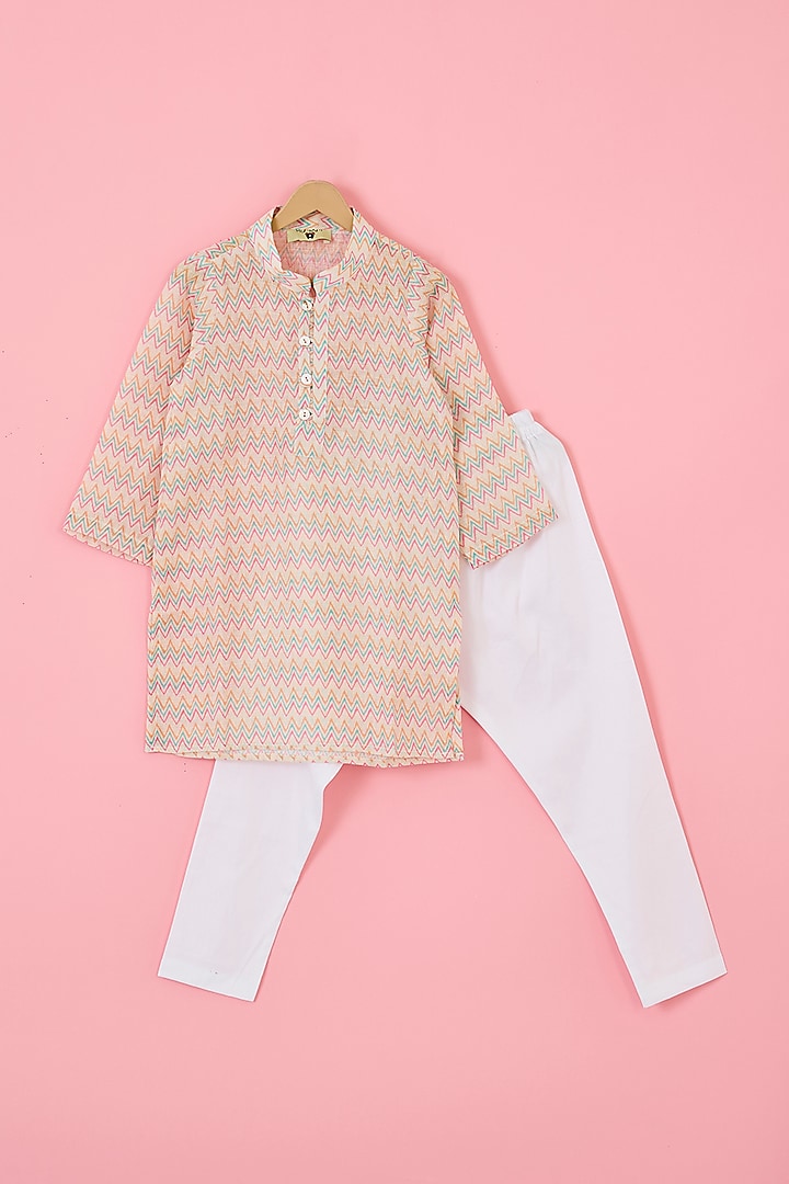 Beige Cotton Linen Chevron Printed Kurta Set For Boys by The Plum Bum