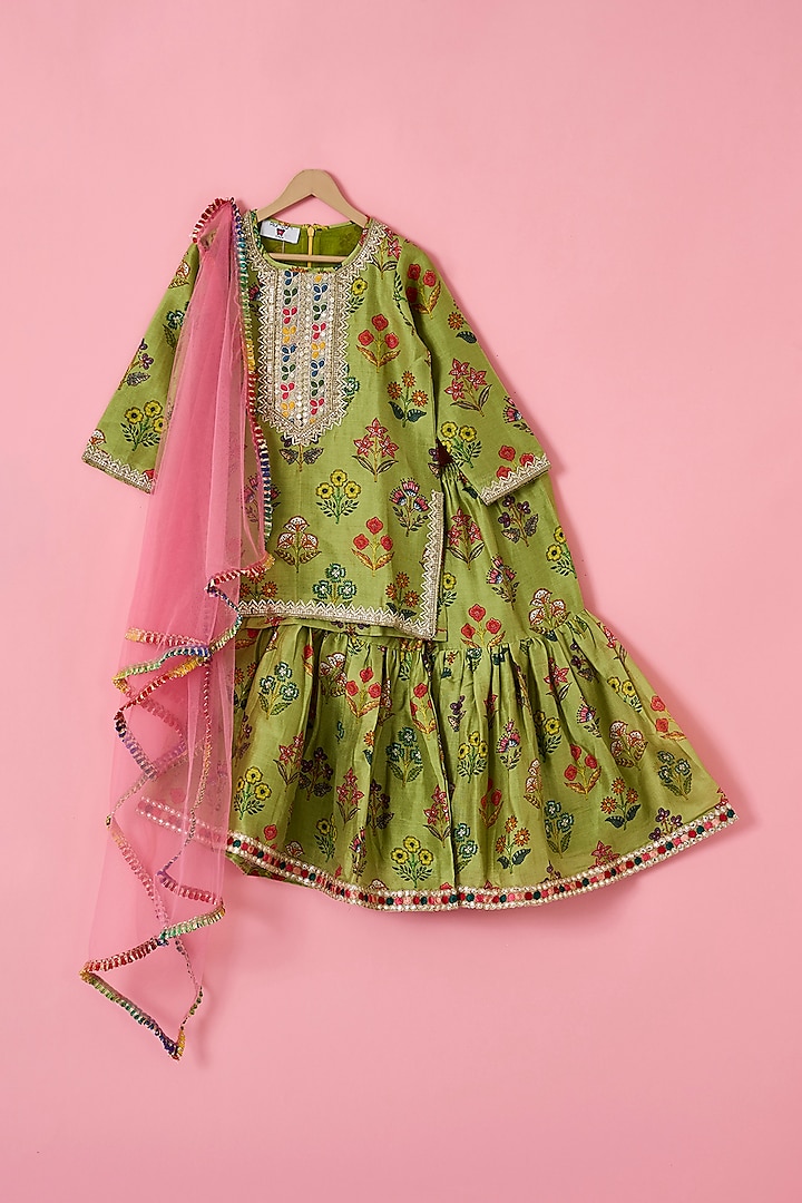 Green Pure Chanderi Lace Embellished Sharara Set For Girls by The Plum Bum at Pernia's Pop Up Shop