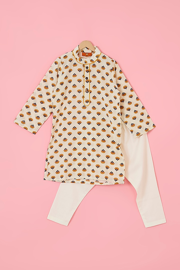 Yellow Cotton Hand Block Printed Kurta Set For Boys by The Plum Bum at Pernia's Pop Up Shop