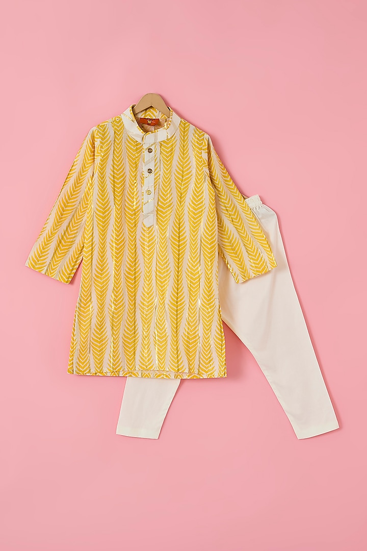 Yellow Cotton Lurex Kurta Set For Boys by The Plum Bum at Pernia's Pop Up Shop