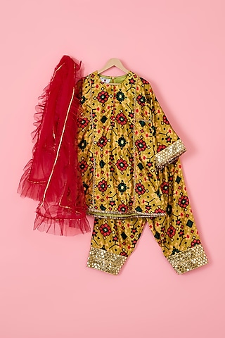 Lime Green Velvet Patola Printed A-line Kurta Set For Girls by The Plum Bum