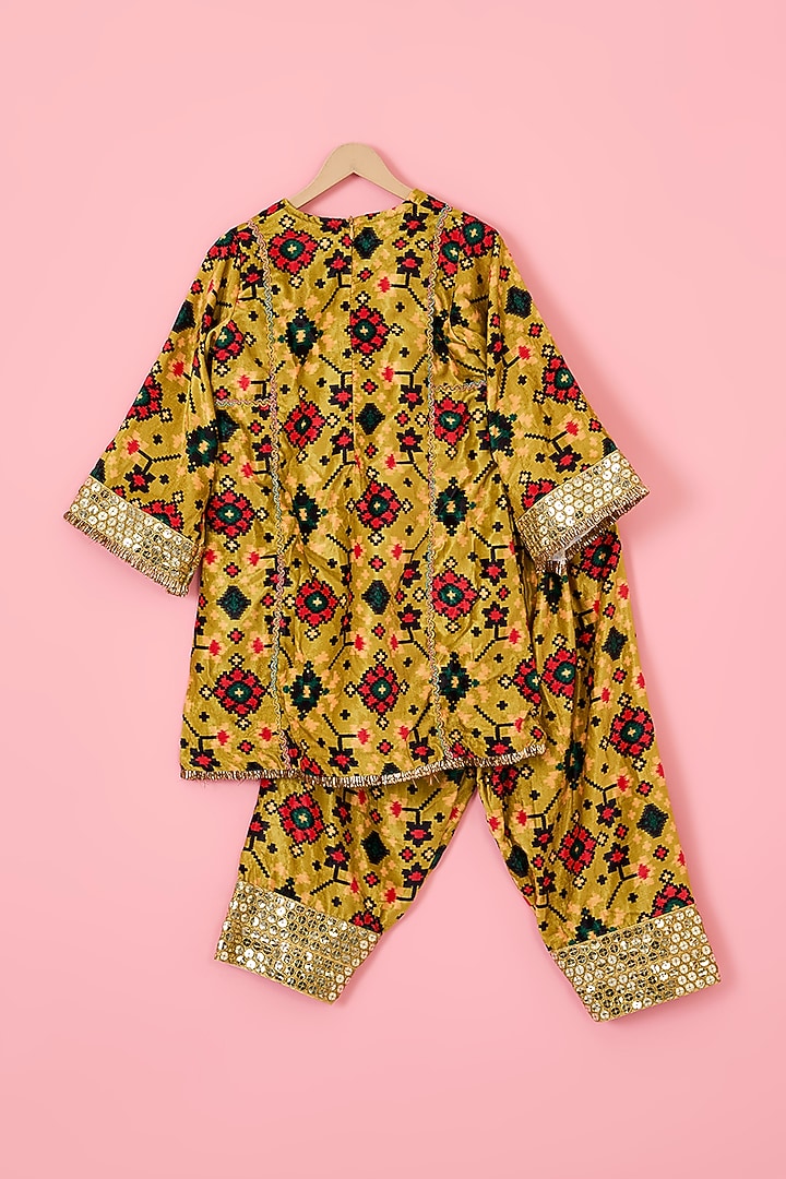 Lime Green Velvet Patola Printed A-line Kurta Set For Girls by The Plum Bum at Pernia's Pop Up Shop