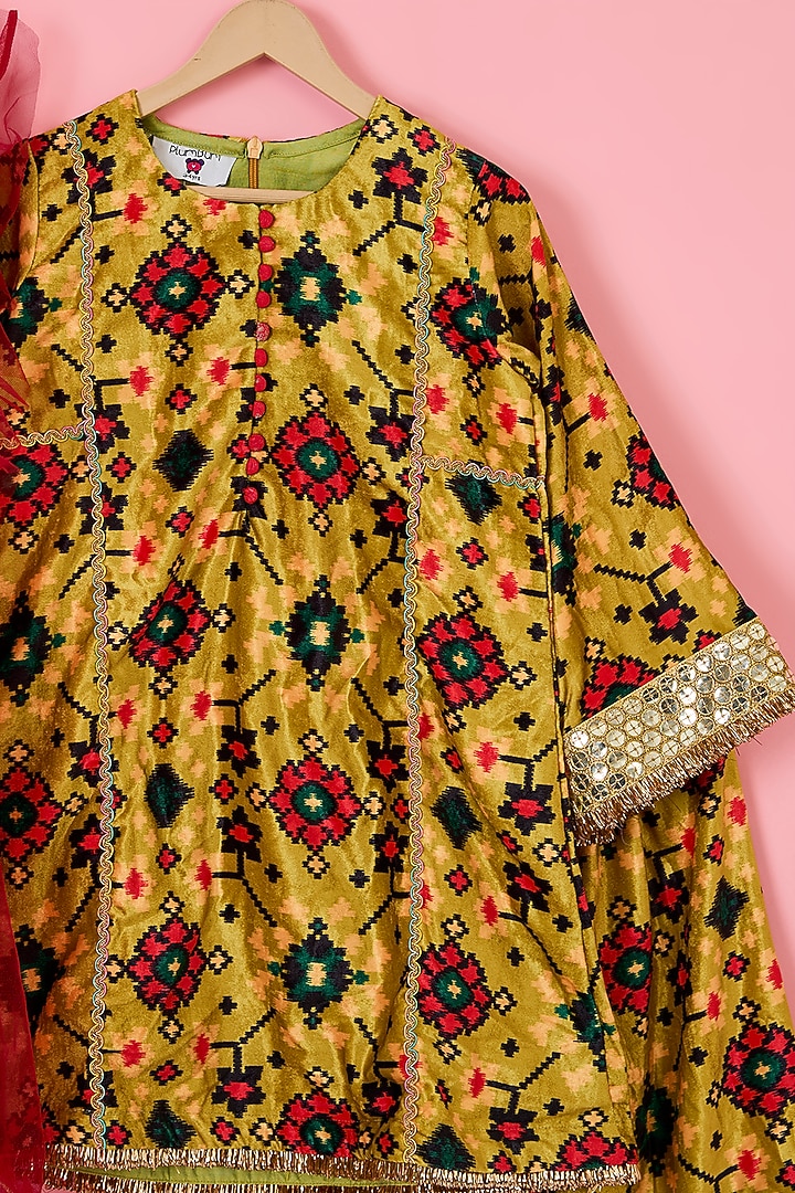 Lime Green Velvet Patola Printed A-line Kurta Set For Girls by The Plum Bum at Pernia's Pop Up Shop