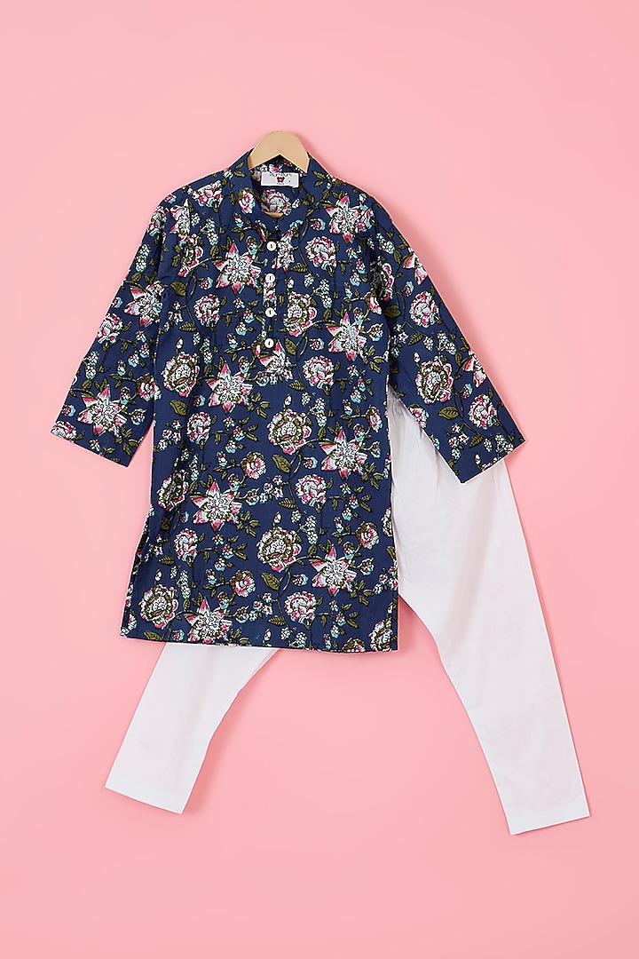 Navy Cotton Floral Kurta Set For Boys by The Plum Bum at Pernia's Pop Up Shop