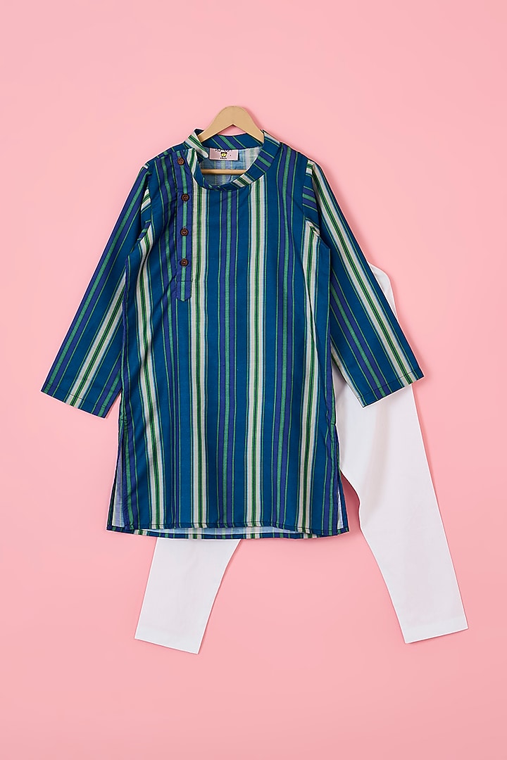 Navy Cotton Rayon Striped Kurta Set For Boys by The Plum Bum at Pernia's Pop Up Shop