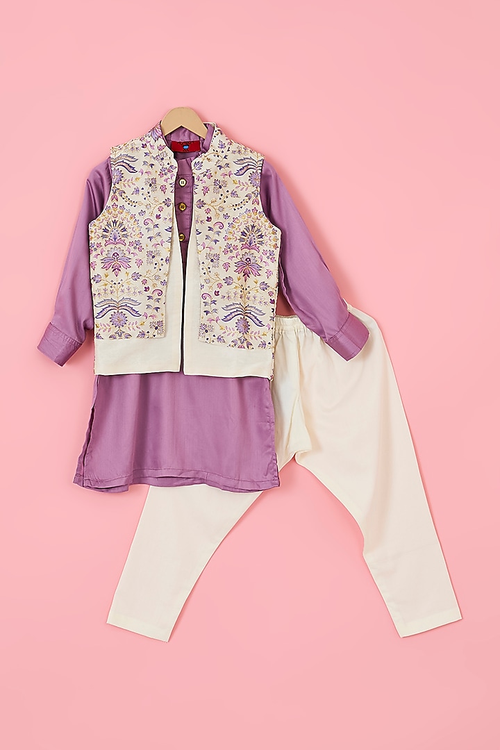 Ivory Dupion Silk & Modal Satin Embroidered Nehru Jacket Set For Boys by The Plum Bum at Pernia's Pop Up Shop