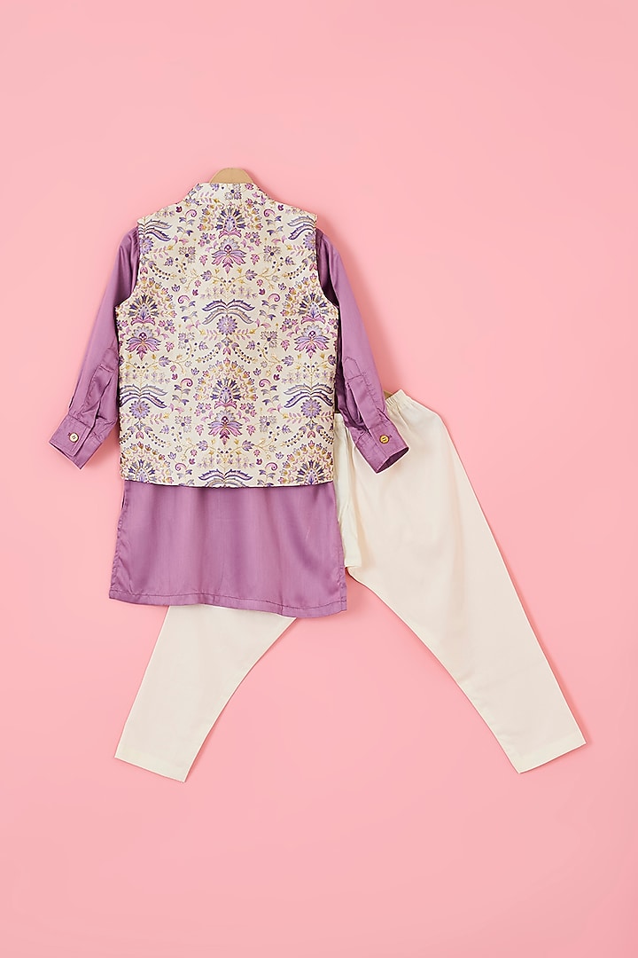 Ivory Dupion Silk & Modal Satin Embroidered Nehru Jacket Set For Boys by The Plum Bum at Pernia's Pop Up Shop