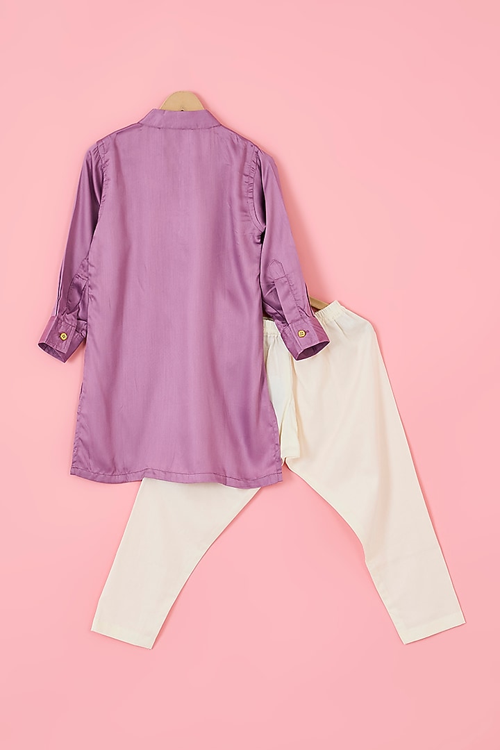 Ivory Dupion Silk & Modal Satin Embroidered Nehru Jacket Set For Boys by The Plum Bum at Pernia's Pop Up Shop