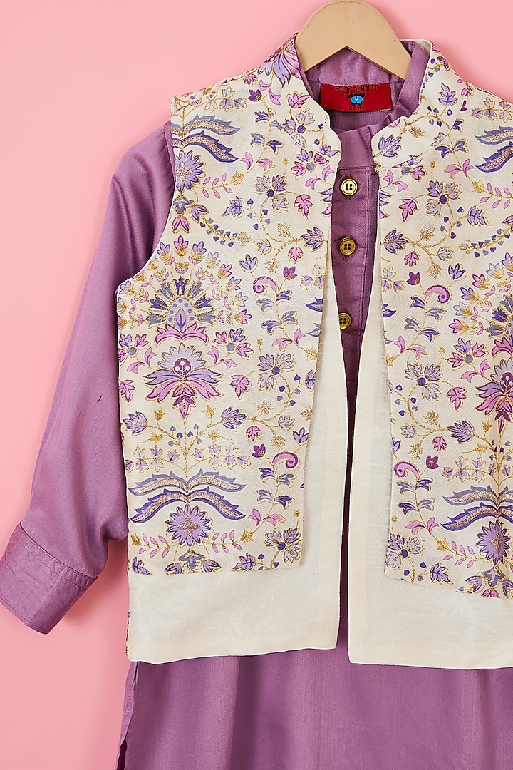 Ivory Dupion Silk & Modal Satin Embroidered Nehru Jacket Set For Boys by The Plum Bum at Pernia's Pop Up Shop
