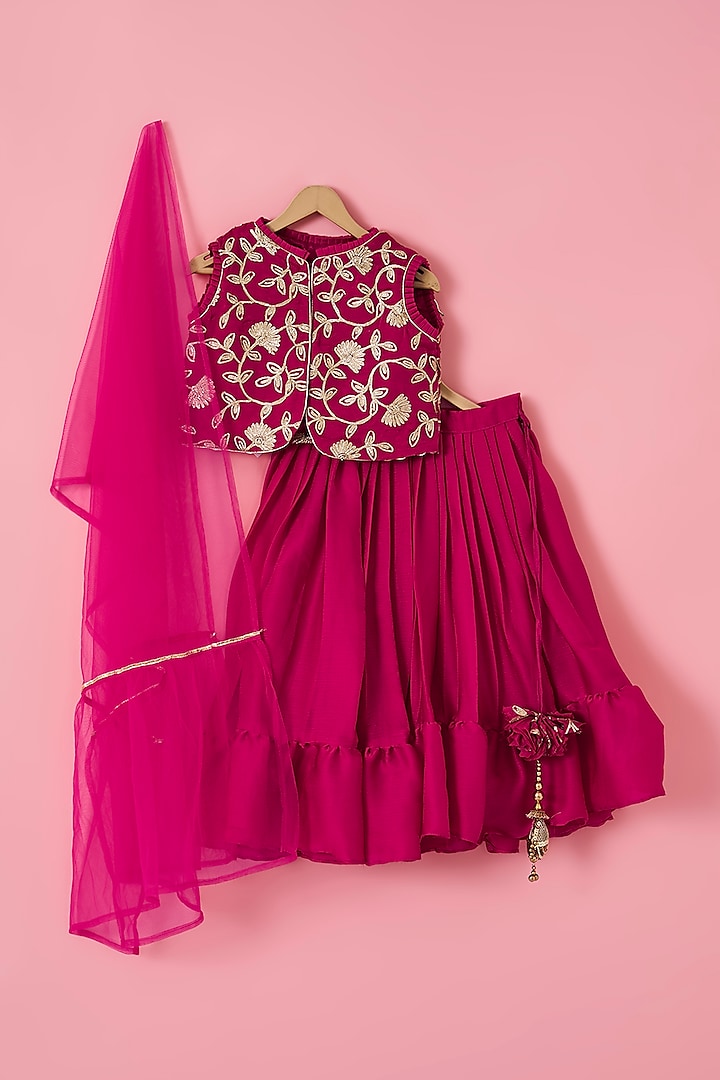 Bright Rani Chinon & Satin Chiffon Lehenga Set For Girls by The Plum Bum