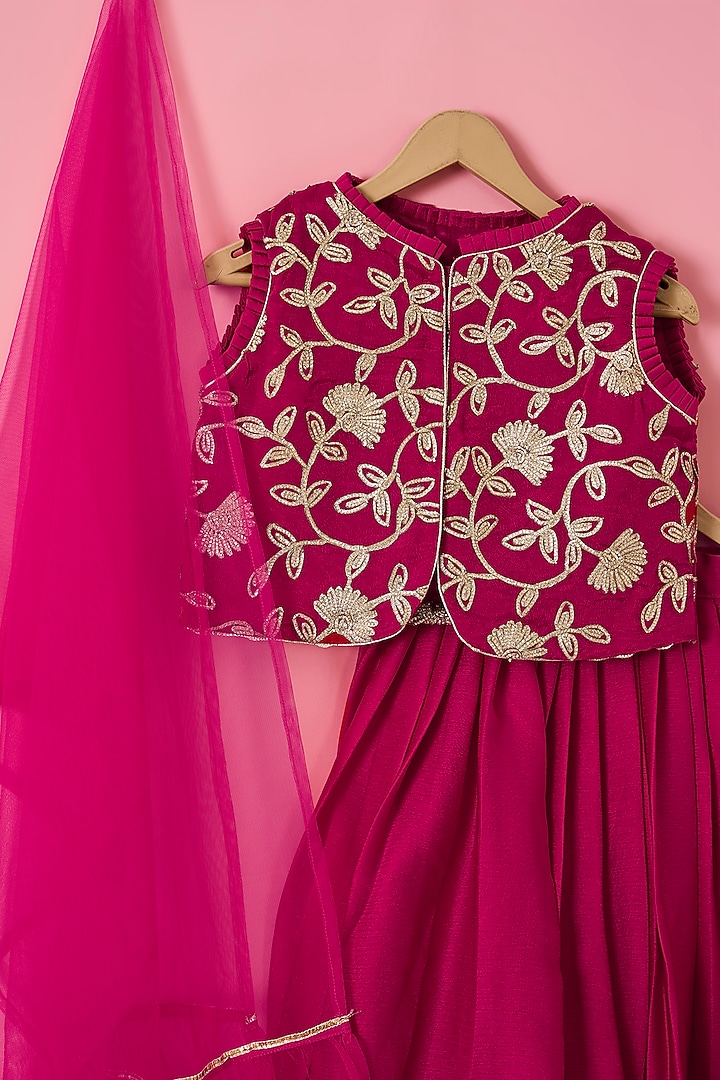 Bright Rani Chinon & Satin Chiffon Lehenga Set For Girls by The Plum Bum at Pernia's Pop Up Shop