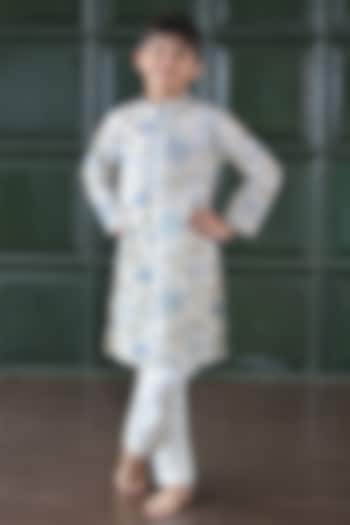 Grey & Blue Cotton Floral Printed Kurta Set For Boys by The Plum Bum