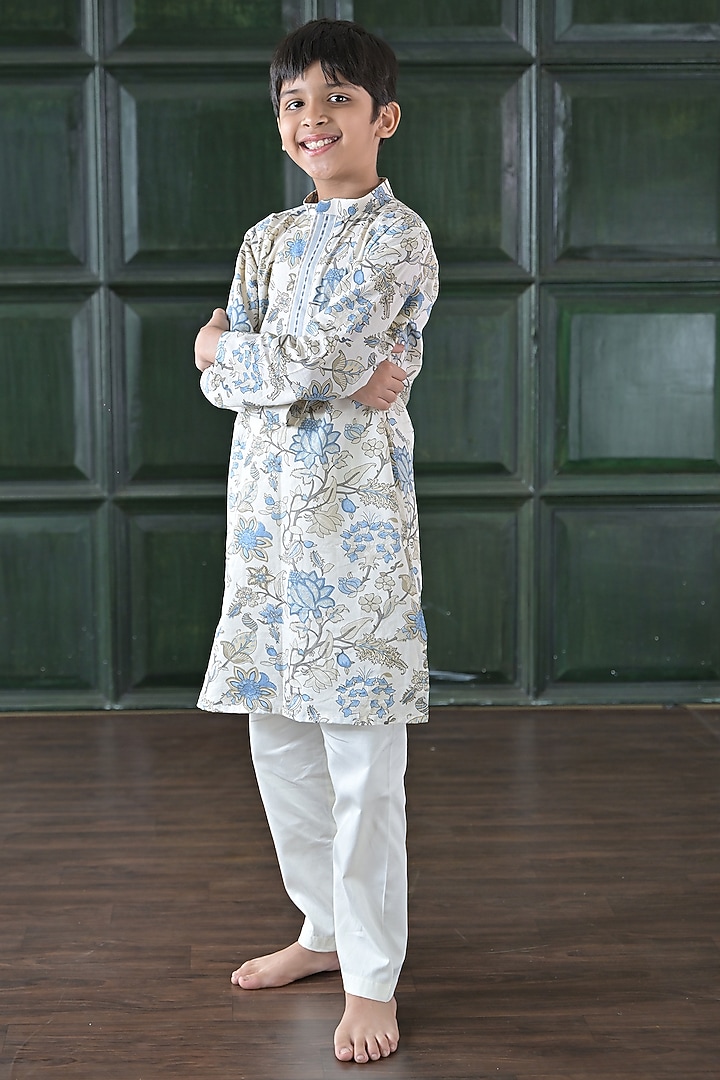 Grey & Blue Cotton Floral Printed Kurta Set For Boys by The Plum Bum at Pernia's Pop Up Shop