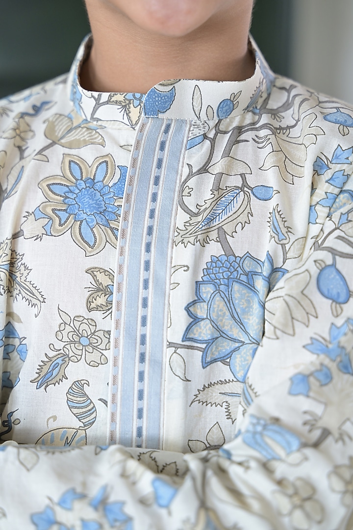 Grey & Blue Cotton Floral Printed Kurta Set For Boys by The Plum Bum at Pernia's Pop Up Shop