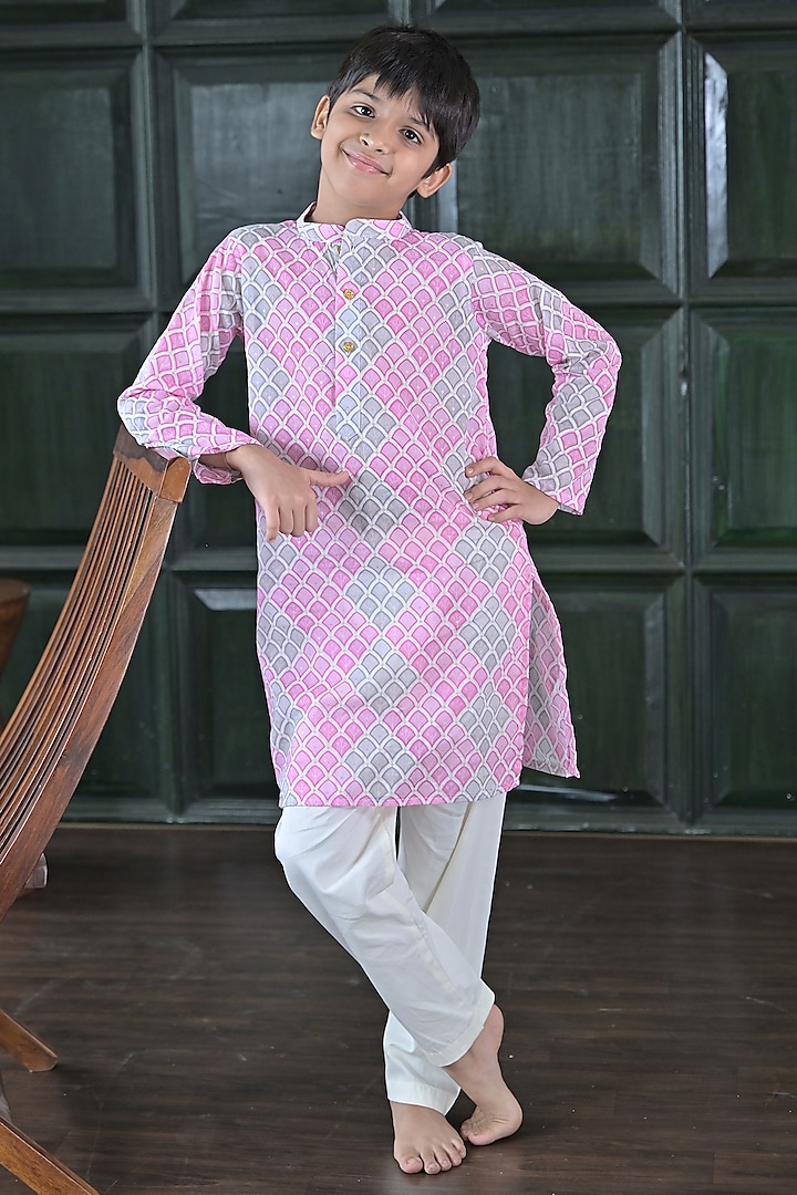 Grey & Pink Cotton Kurta Set For Boys by The Plum Bum