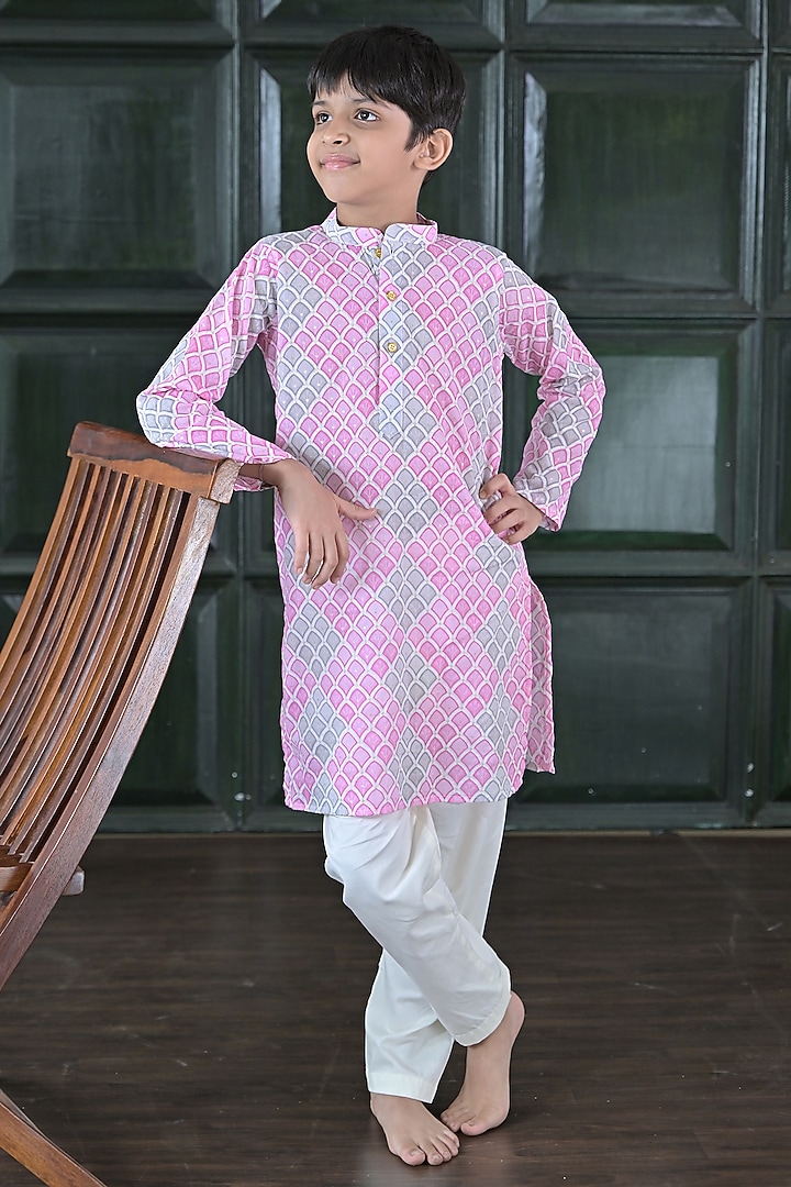 Grey & Pink Cotton Kurta Set For Boys by The Plum Bum at Pernia's Pop Up Shop