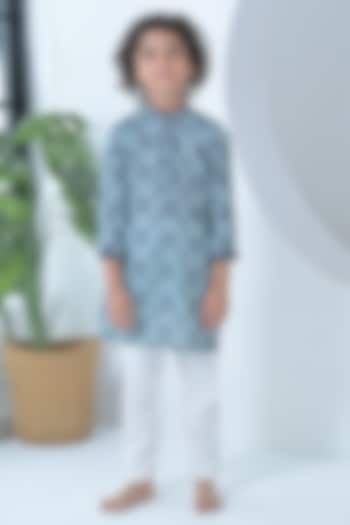 Blue Cotton Threadwork Kurta Set For Boys by The Plum Bum