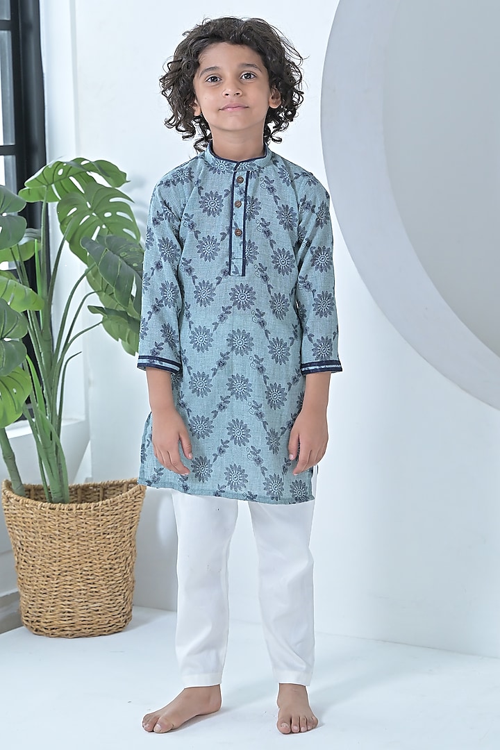 Blue Cotton Threadwork Kurta Set For Boys by The Plum Bum