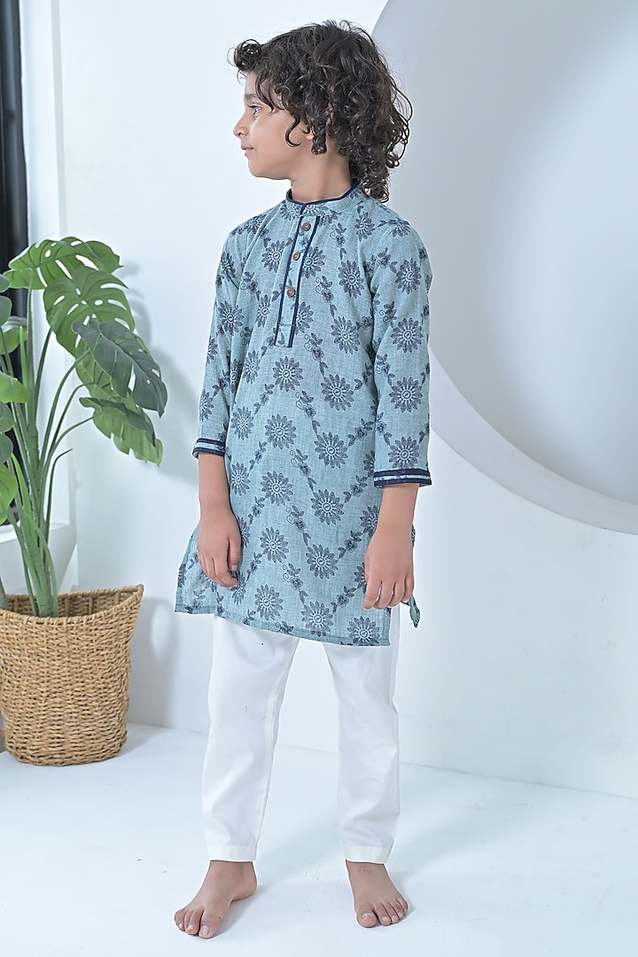 Blue Cotton Threadwork Kurta Set For Boys by The Plum Bum at Pernia's Pop Up Shop