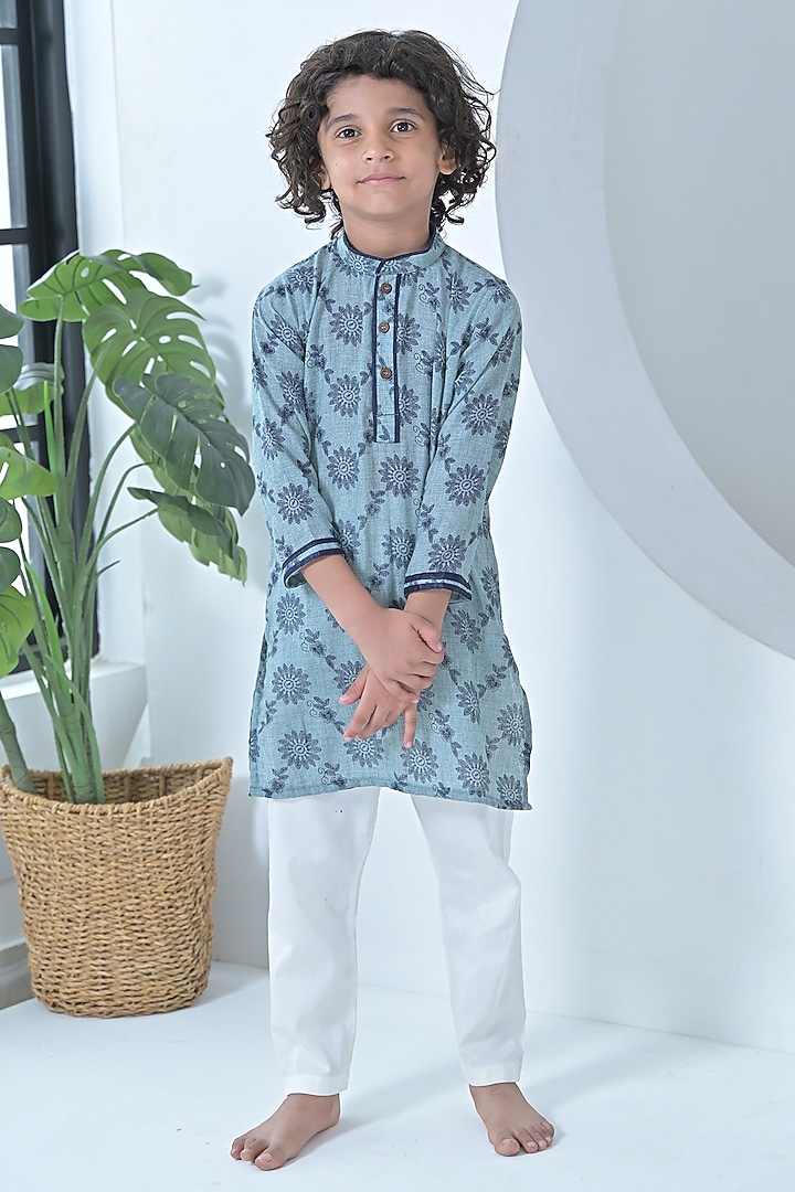 Blue Cotton Threadwork Kurta Set For Boys by The Plum Bum at Pernia's Pop Up Shop