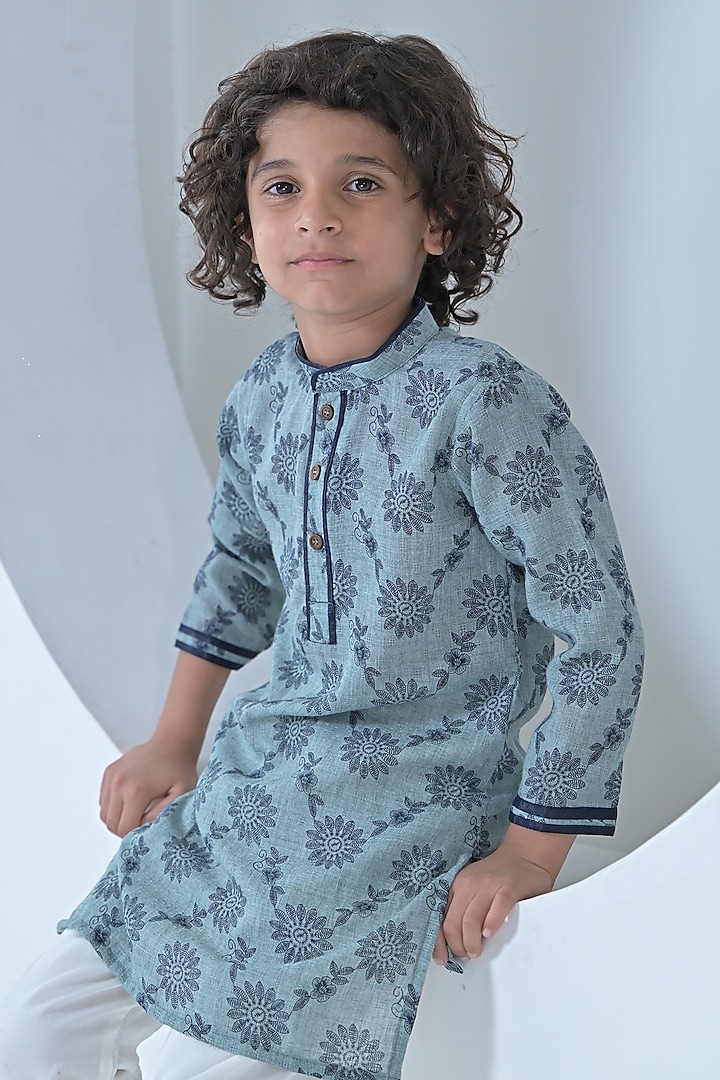 Blue Cotton Threadwork Kurta Set For Boys by The Plum Bum at Pernia's Pop Up Shop