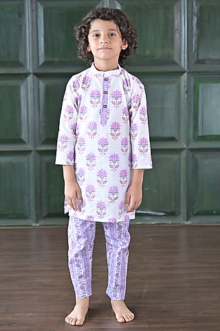 White Cotton Floral Printed Kurta Set For Boys by The Plum Bum
