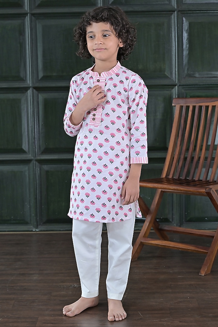 Ivory Cotton Floral Printed Kurta Set For Boys by The Plum Bum at Pernia's Pop Up Shop