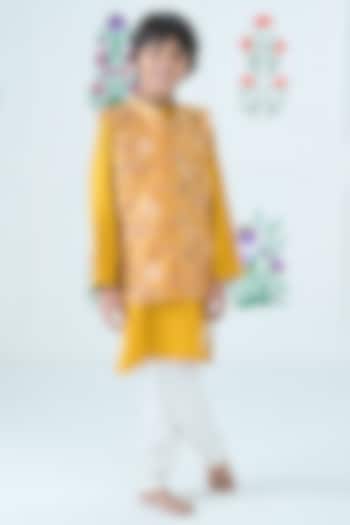 Yellow Chanderi Floral Printed Jacket Set For Boys by The Plum Bum