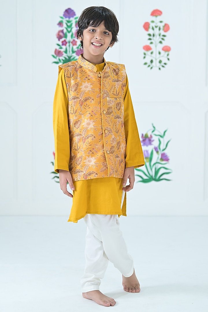Yellow Chanderi Floral Printed Jacket Set For Boys by The Plum Bum