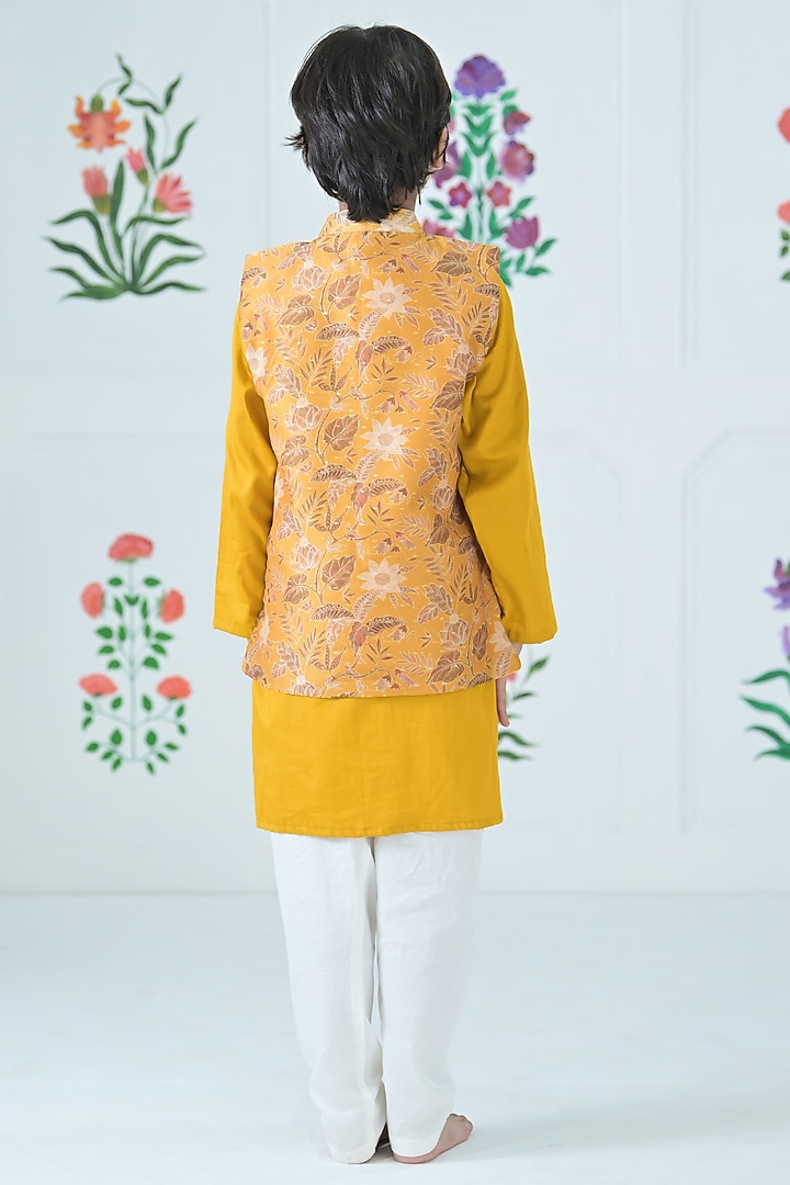 Yellow Chanderi Floral Printed Jacket Set For Boys by The Plum Bum at Pernia's Pop Up Shop