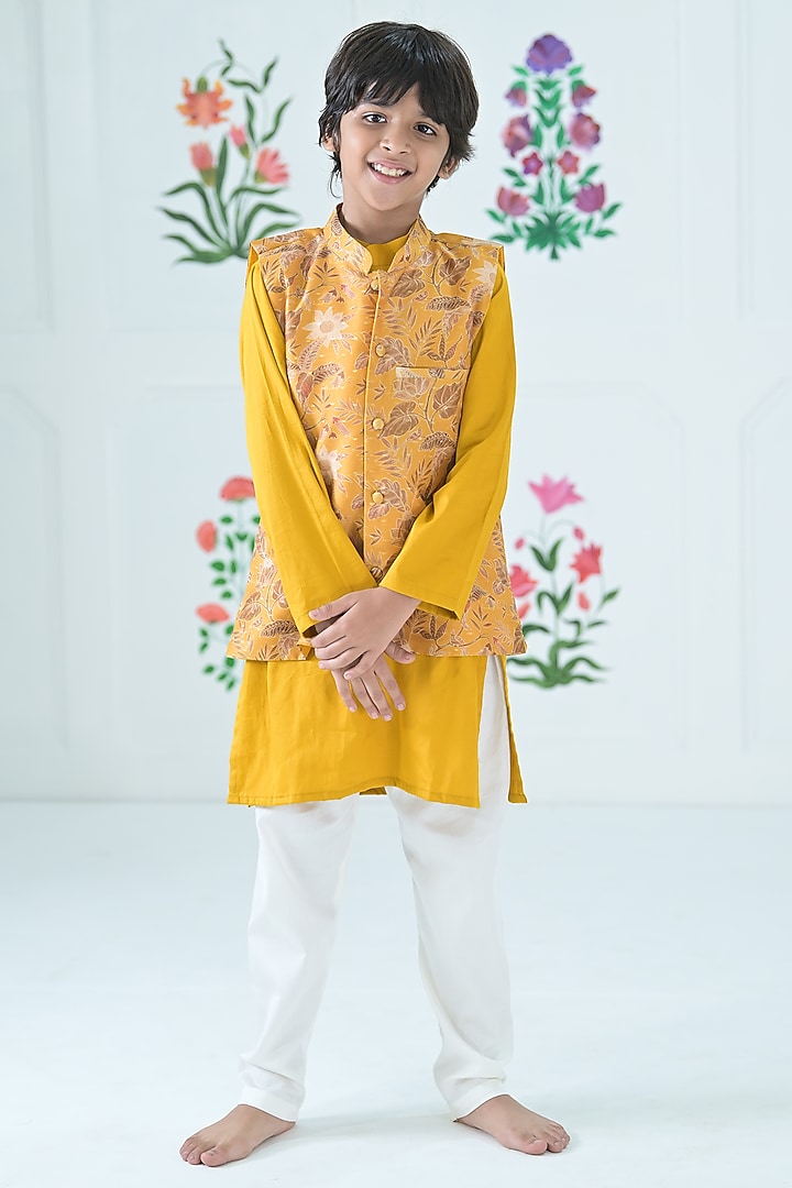Yellow Chanderi Floral Printed Jacket Set For Boys by The Plum Bum at Pernia's Pop Up Shop