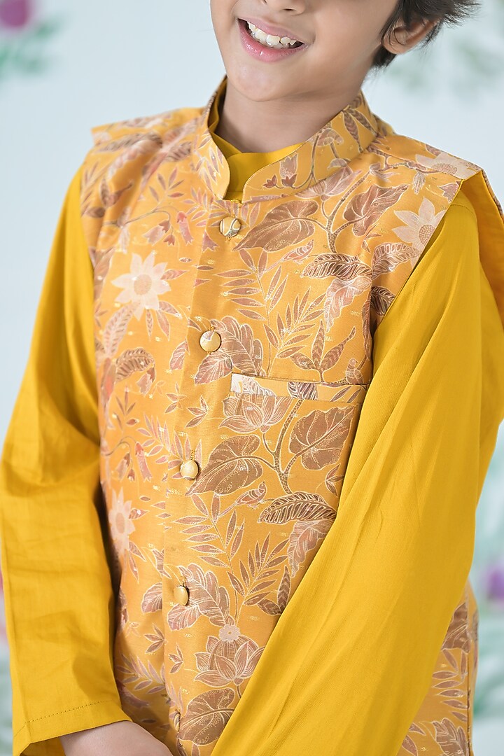 Yellow Chanderi Floral Printed Jacket Set For Boys by The Plum Bum at Pernia's Pop Up Shop