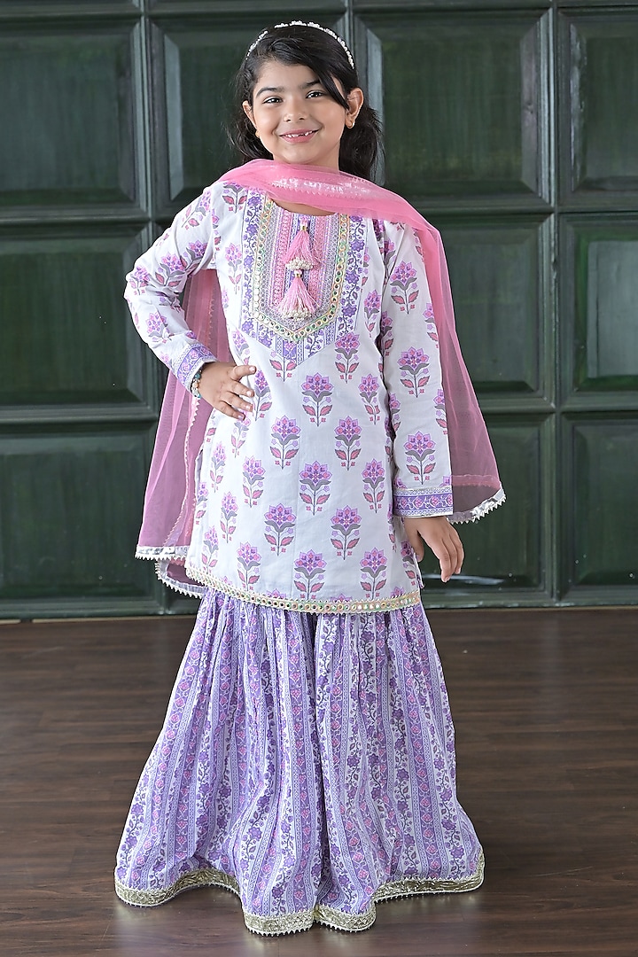 Purple Cotton Floral Printed Sharara Set For Girls by The Plum Bum at Pernia's Pop Up Shop
