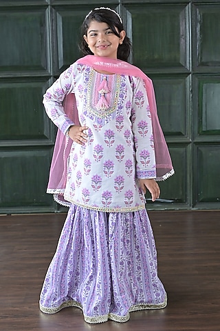 Purple Cotton Floral Printed Sharara Set For Girls by The Plum Bum