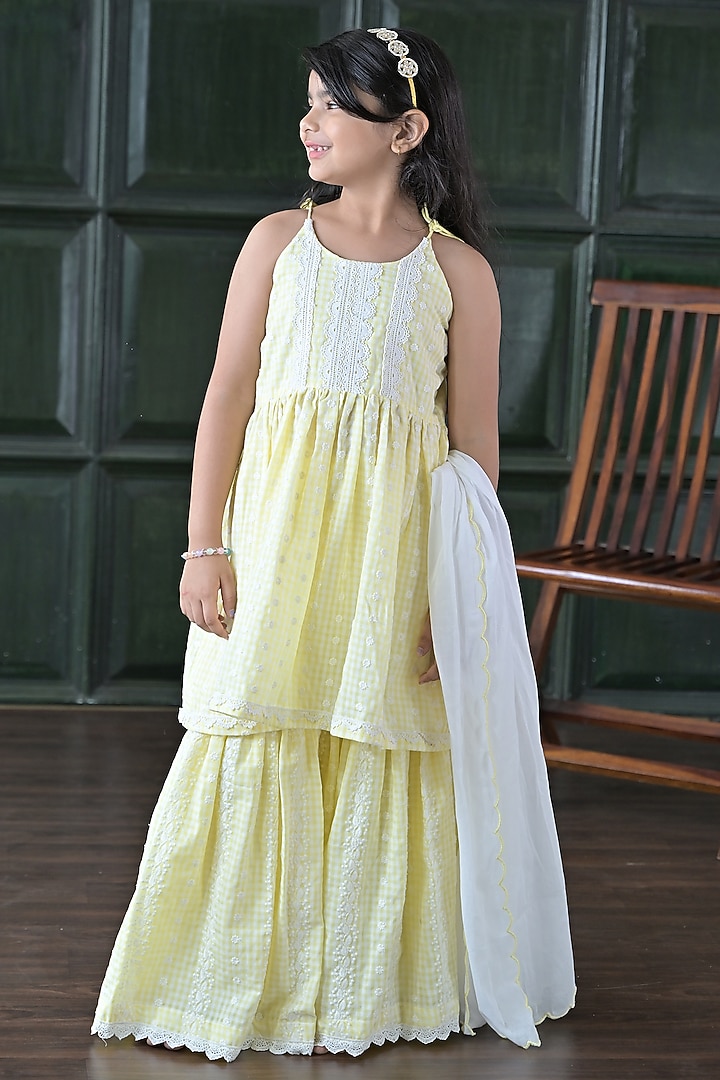 Yellow Cotton Threadwork Sharara Set For Girls by The Plum Bum at Pernia's Pop Up Shop