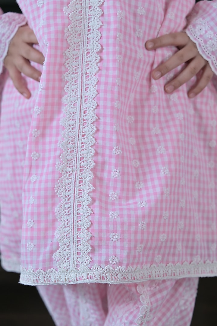 Pink Cotton Threadwork Kurta Set For Girls by The Plum Bum at Pernia's Pop Up Shop