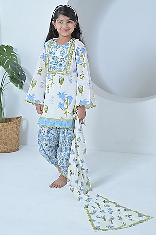 White & Blue Cotton Embellished Kurta Set For Girls by The Plum Bum