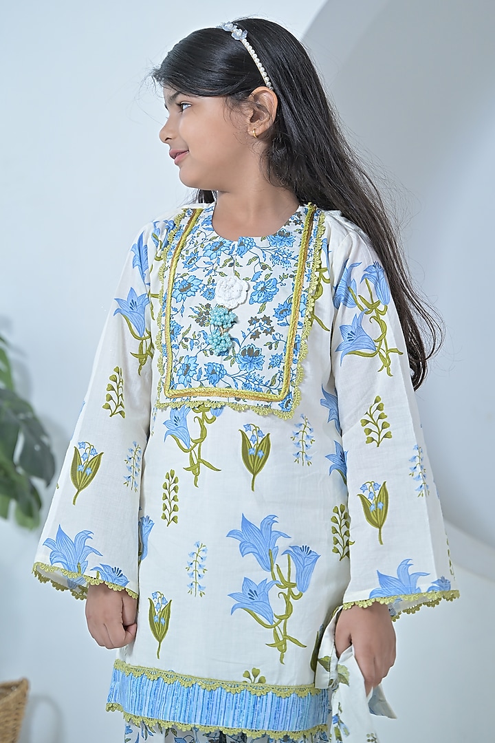 White & Blue Cotton Embellished Kurta Set For Girls by The Plum Bum at Pernia's Pop Up Shop