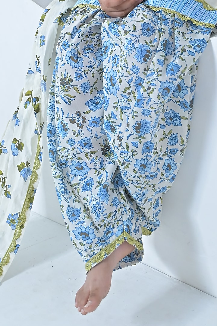 White & Blue Cotton Embellished Kurta Set For Girls by The Plum Bum at Pernia's Pop Up Shop