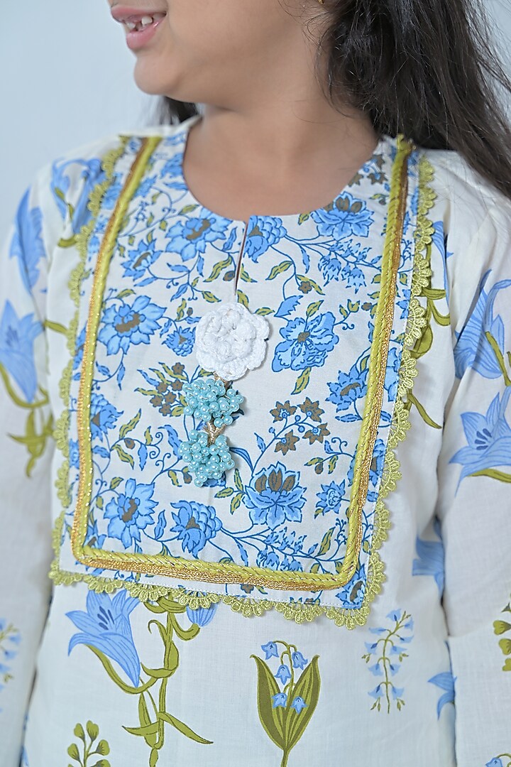 White & Blue Cotton Embellished Kurta Set For Girls by The Plum Bum at Pernia's Pop Up Shop