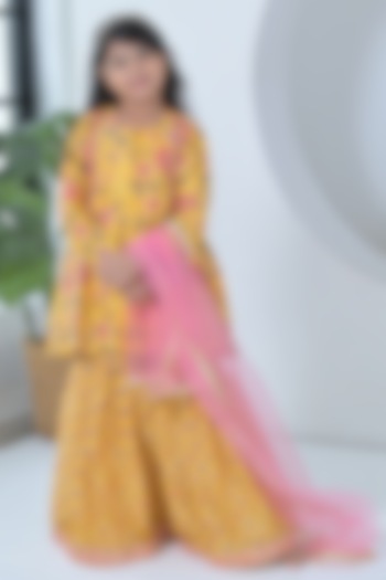 Yellow & Pink Chanderi Silk Floral Printed Sharara Set For Girls by The Plum Bum at Pernia's Pop Up Shop
