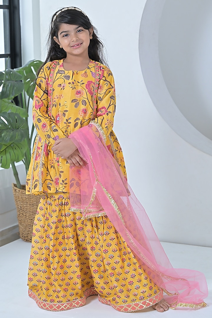 Yellow & Pink Chanderi Silk Floral Printed Sharara Set For Girls by The Plum Bum at Pernia's Pop Up Shop