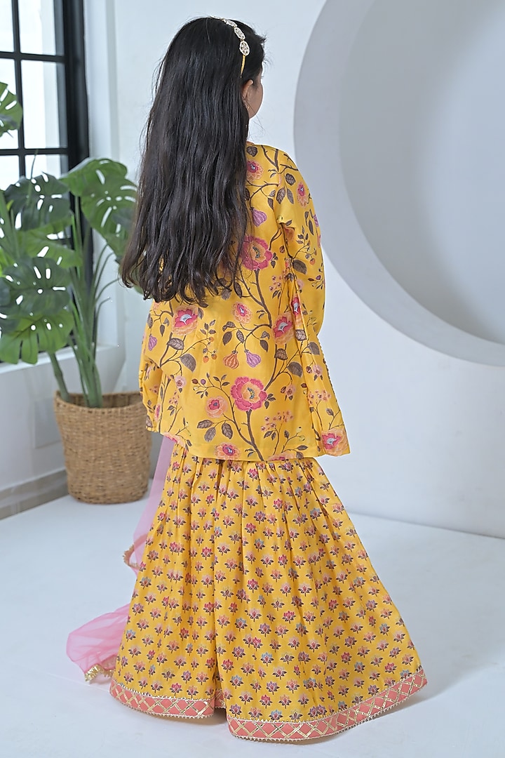Yellow & Pink Chanderi Silk Floral Printed Sharara Set For Girls by The Plum Bum at Pernia's Pop Up Shop