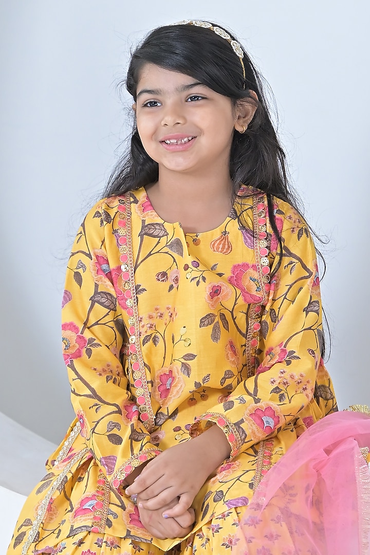 Yellow & Pink Chanderi Silk Floral Printed Sharara Set For Girls by The Plum Bum at Pernia's Pop Up Shop