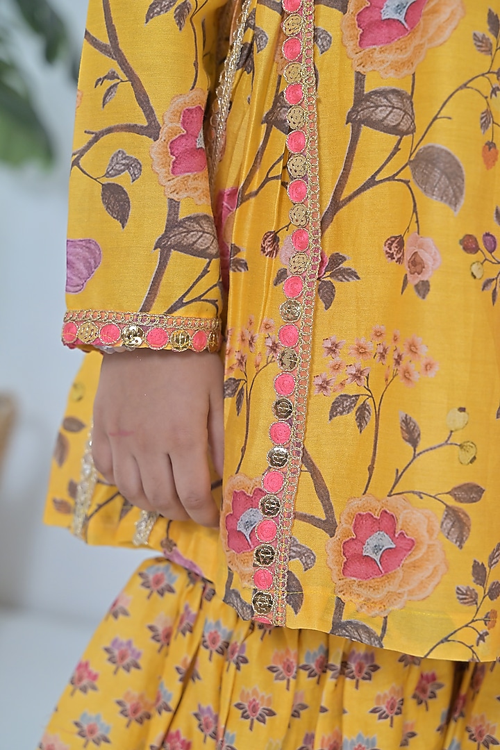Yellow & Pink Chanderi Silk Floral Printed Sharara Set For Girls by The Plum Bum at Pernia's Pop Up Shop